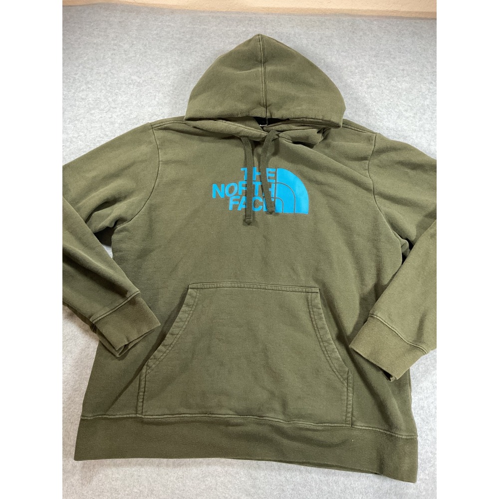 The North Face Mens XL Hoodie Olive Green Blue Logo Pullover Sweatshirt 2383